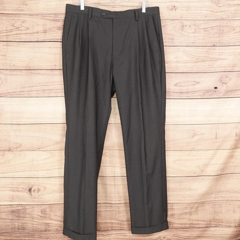 Daniel Cremieux Dress Pants Mens 35x32 Charcoal Gray Pleated Cuffed Classic Fit